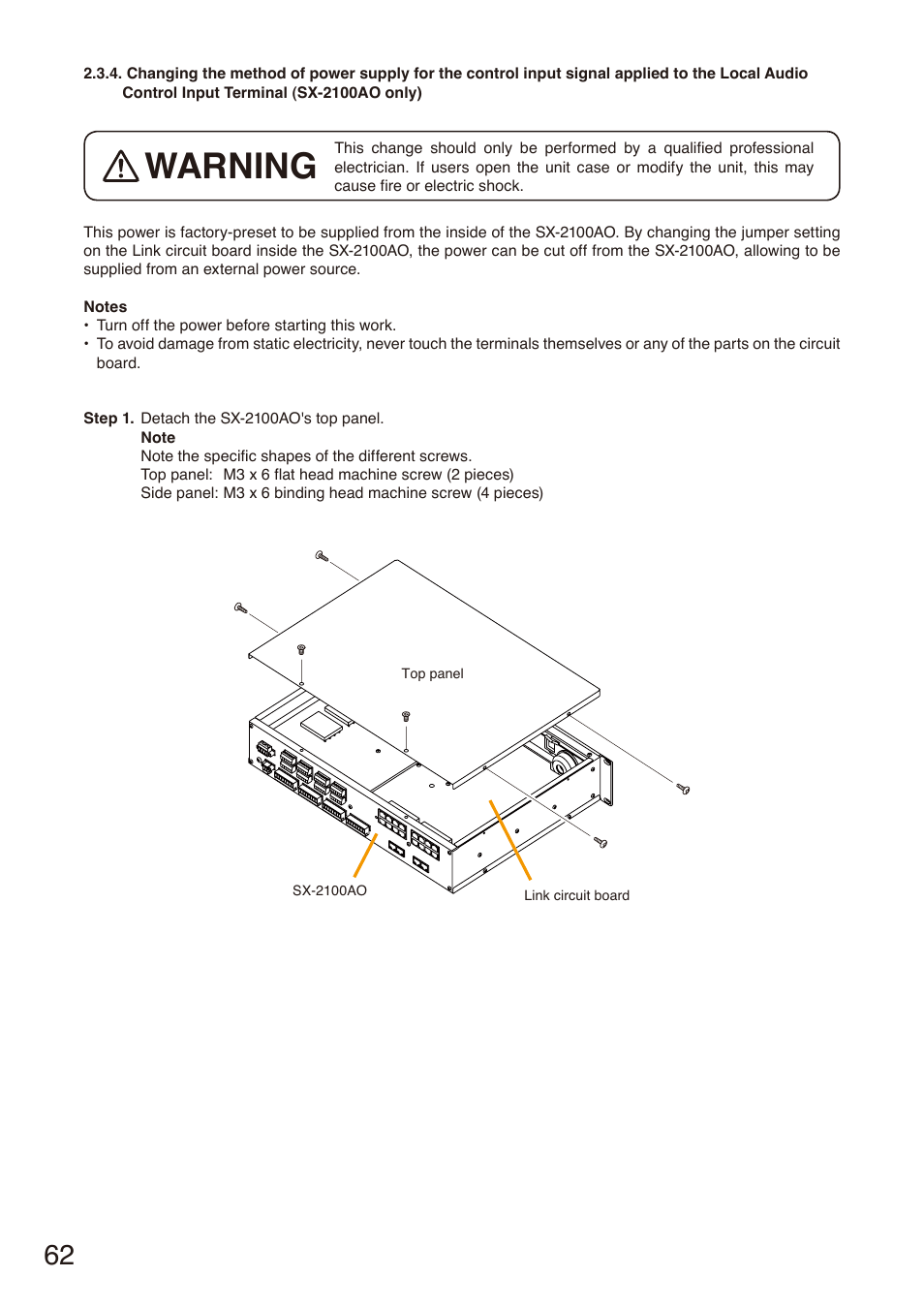 Changing the method, Power supply, For the control input signal | Warning | Toa SX-2000 Series Installation User Manual | Page 62 / 194