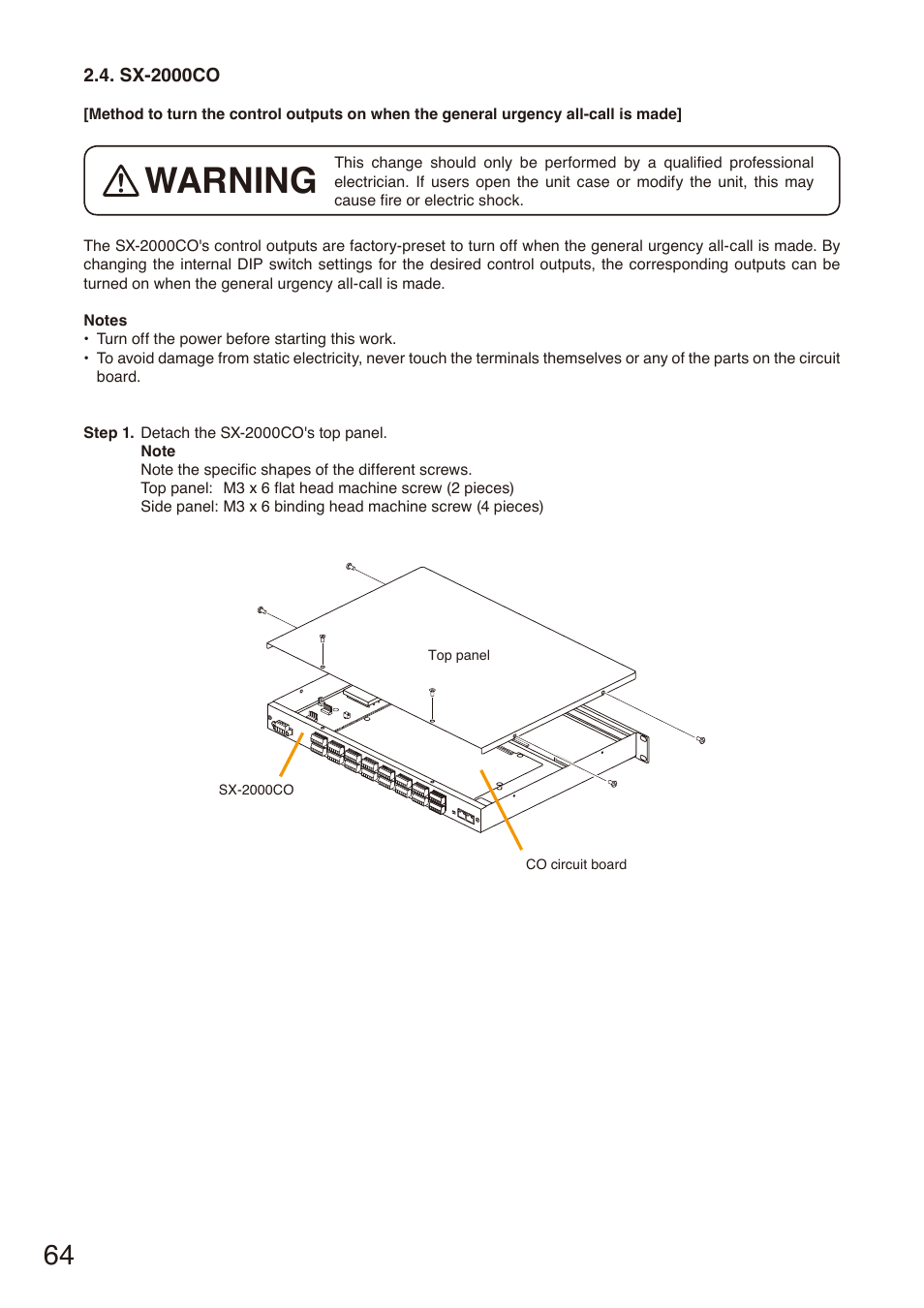 Sx-2000co, P. 64, Warning | Toa SX-2000 Series Installation User Manual | Page 64 / 194