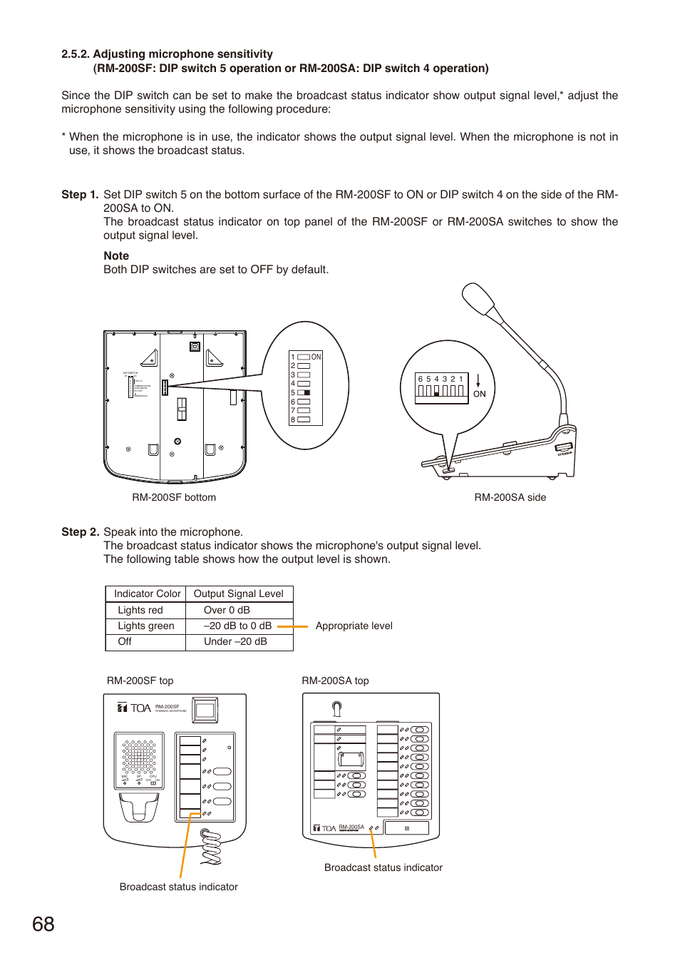 Adjusting microphone sensitivity, Or rm-200sa: dip switch 4 operation), P. 68 | Broadcast status indicator | Toa SX-2000 Series Installation User Manual | Page 68 / 194