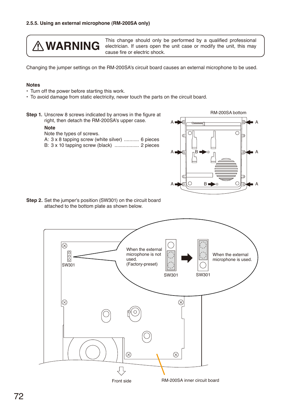 Using an external microphone (rm-200sa only), P. 72, Warning | Toa SX-2000 Series Installation User Manual | Page 72 / 194