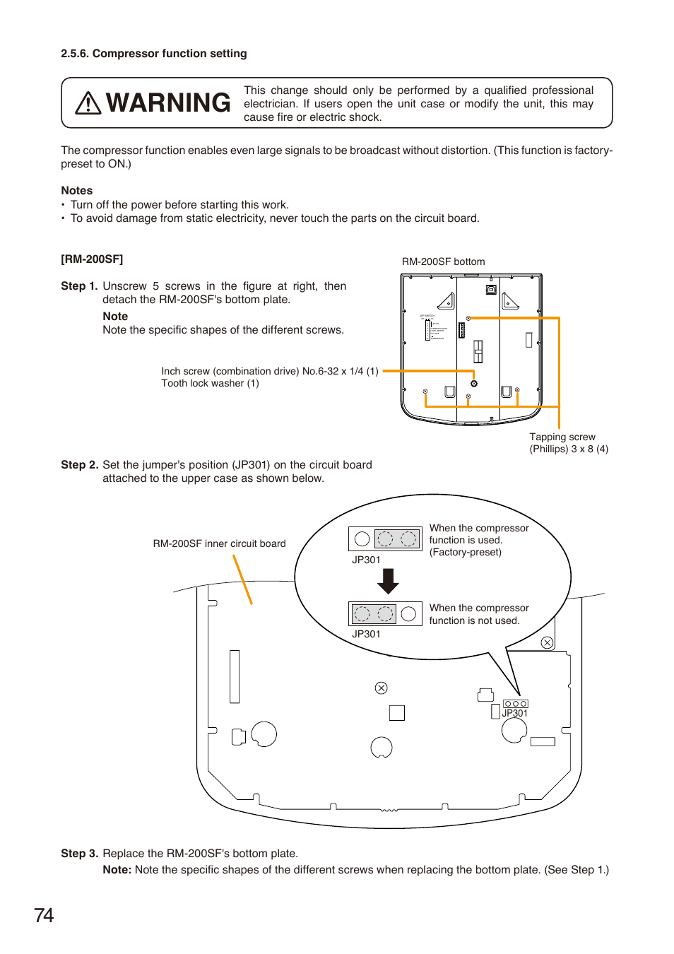 Compressor function setting, Warning | Toa SX-2000 Series Installation User Manual | Page 74 / 194