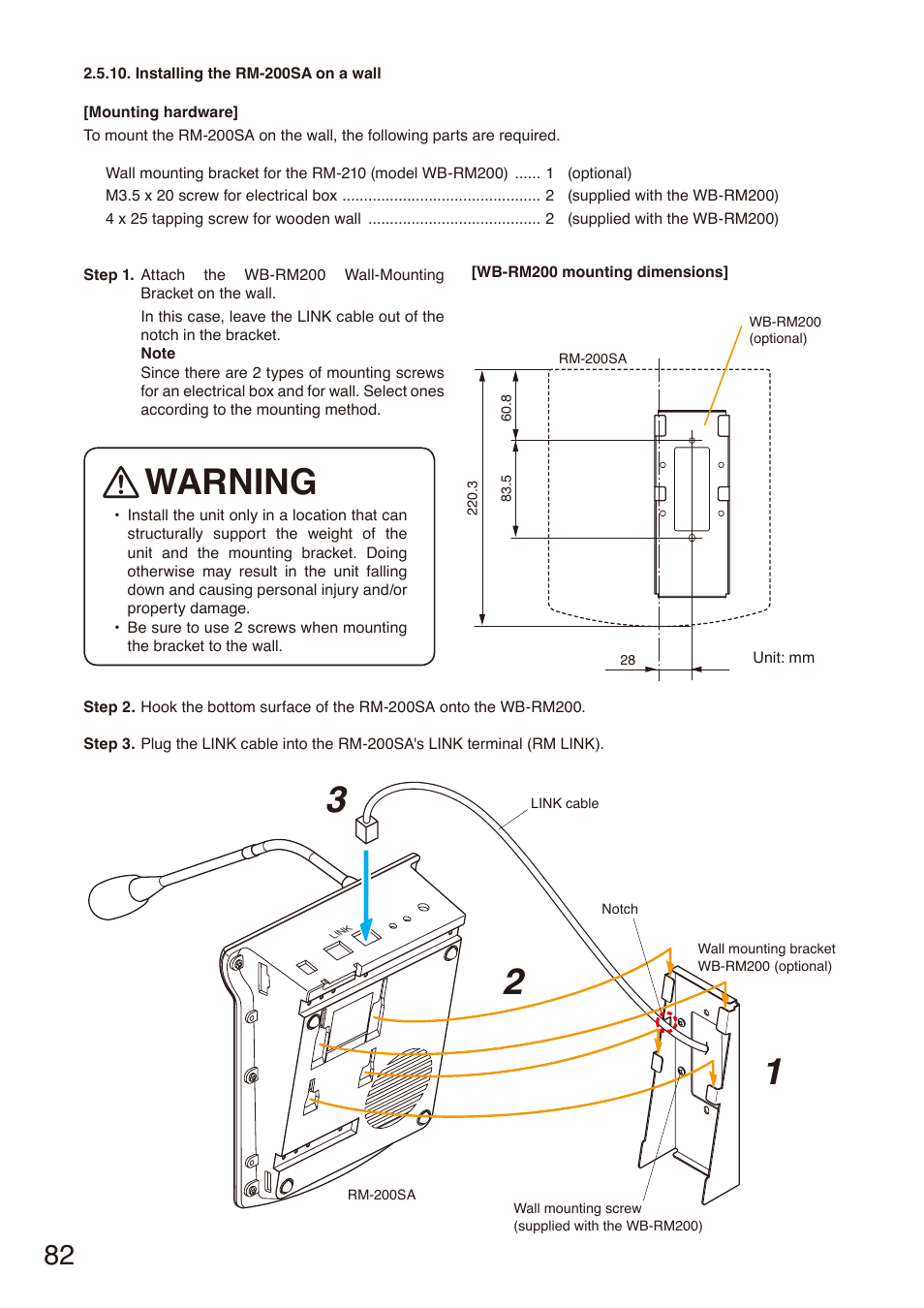 Installing the rm-200sa on a wall, Warning | Toa SX-2000 Series Installation User Manual | Page 82 / 194