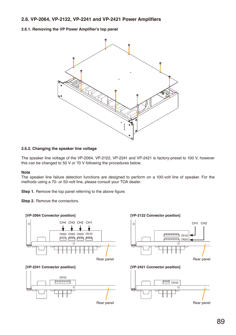 Removing the vp power amplifier's top panel, Changing the speaker line voltage | Toa SX-2000 Series Installation User Manual | Page 89 / 194