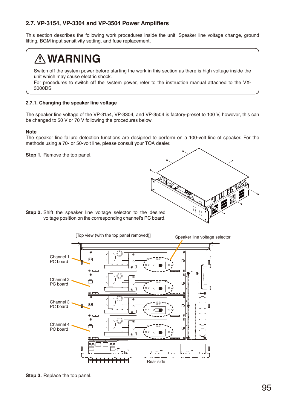 Vp-3154, vp-3304 and vp-3504 power amplifiers, Changing the speaker line voltage, P. 95 | Warning | Toa SX-2000 Series Installation User Manual | Page 95 / 194