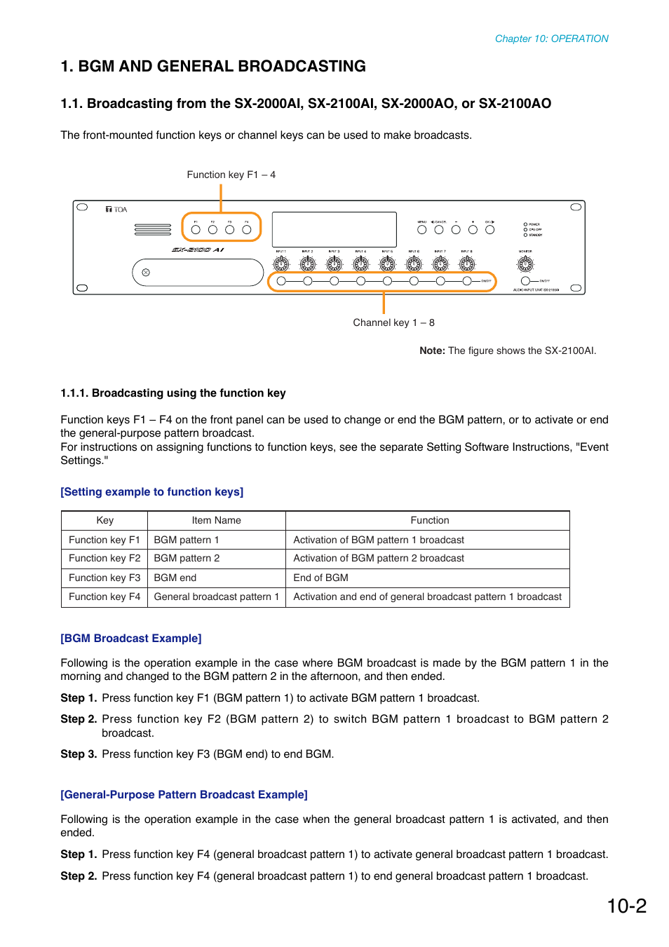 Bgm and general broadcasting, Broadcasting using th function key | Toa SX-2000 Series Manual User Manual | Page 107 / 132
