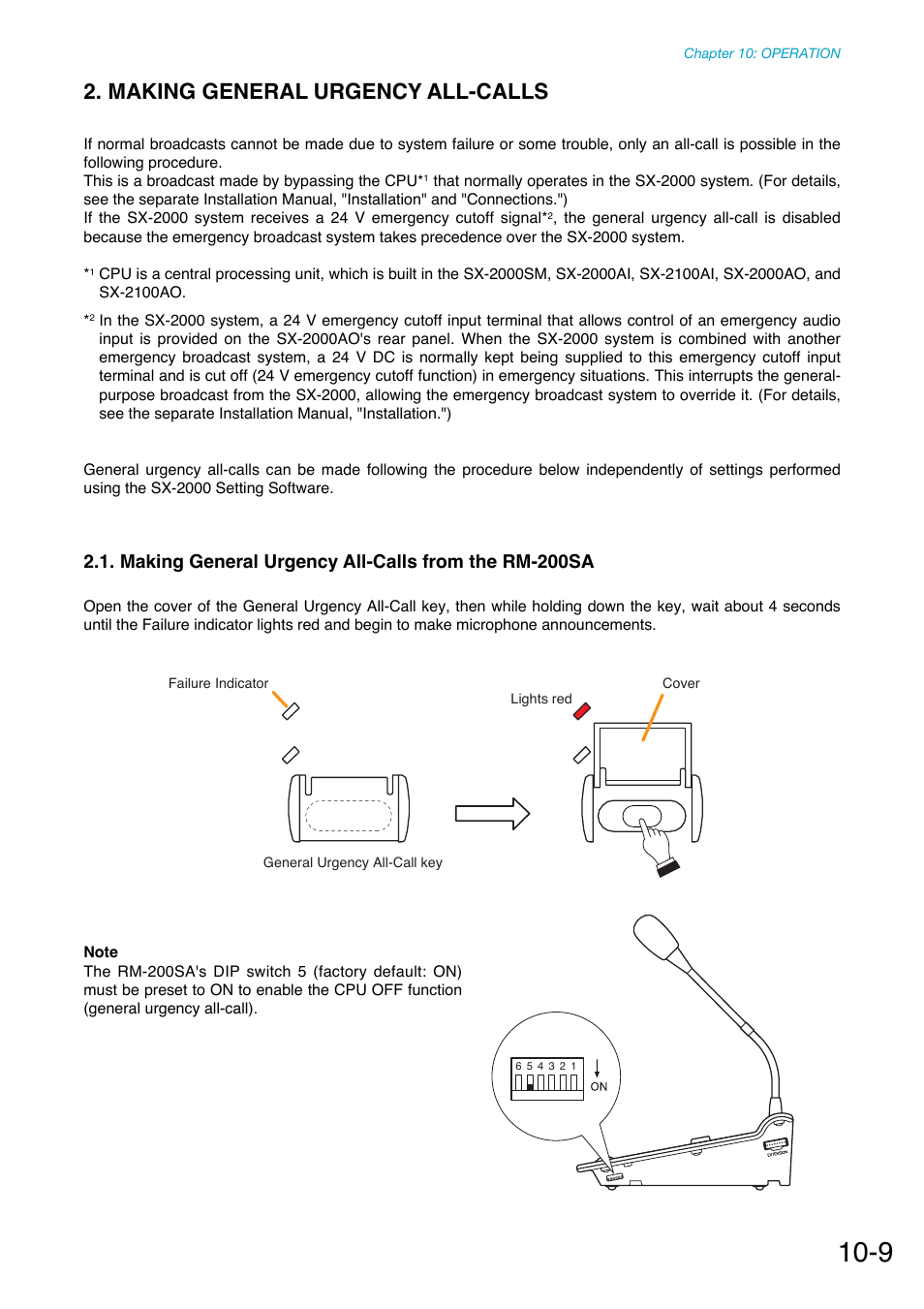 Making general urgency all-calls, Making general urgency all-calls from the rm-200sa, P. 10-9) | Off state) is being made, Made, Urgency all-call is made, Urgency all-call is being made, By way of analog transmissions. (see, P. 10-9 | Toa SX-2000 Series Manual User Manual | Page 114 / 132