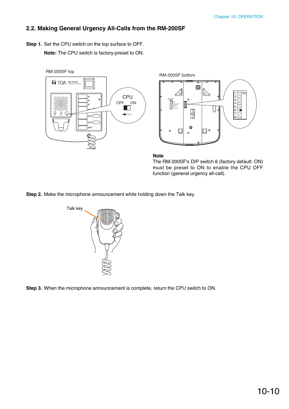 Making general urgency all-calls from the rm-200sf, Chapter 10: operation, Rm-200sf bottom | Rm-200sf top, Talk key, Off on | Toa SX-2000 Series Manual User Manual | Page 115 / 132