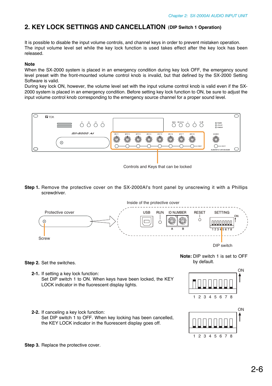 Key lock settings and cancellation, Dip switch 1 operation), Channel keys are all locked. (see | P. 2-6, "key, Lock settings and cancellation | Toa SX-2000 Series Manual User Manual | Page 16 / 132