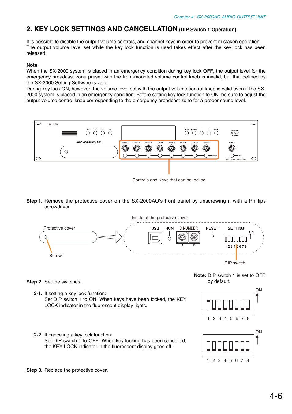 Key lock settings and cancellation, Dip switch 1 operation), Channel keys are all locked. (see | P. 4-6, "key, Lock settings and cancellation | Toa SX-2000 Series Manual User Manual | Page 48 / 132