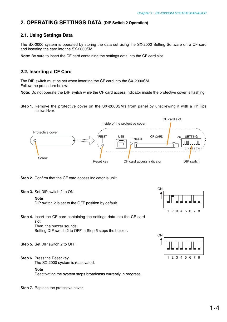 Operating settings data (dip switch 2 operation), Using settings data, Inserting a cf card | For settings data operation, see, P. 1-4, P. 1-4), Operating settings data | Toa SX-2000 Series Manual User Manual | Page 8 / 132