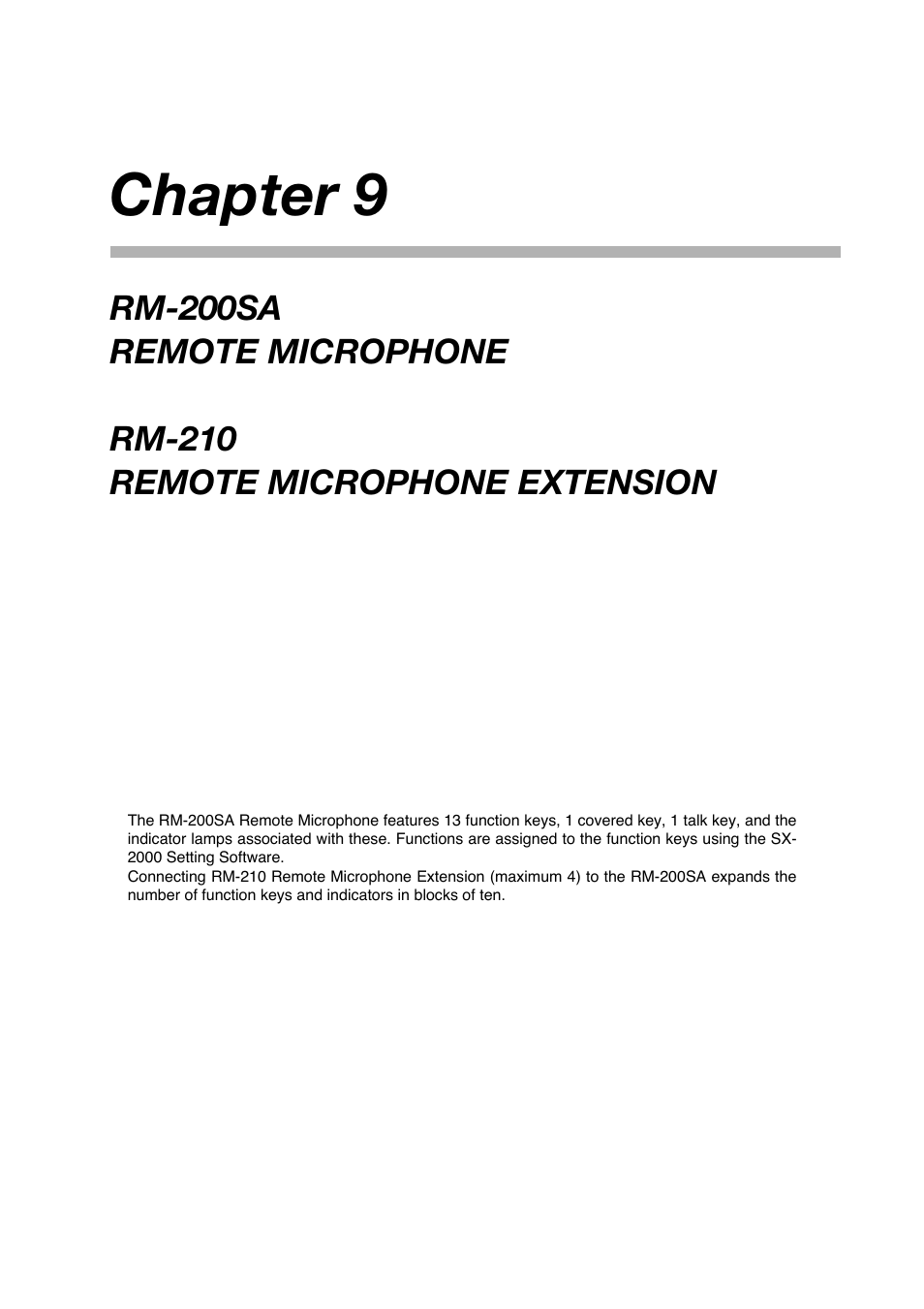 Chapter 9: rm-200sa remote microphone, Rm-210 remote microphone extension, Chapter 9 | Toa SX-2000 Series Manual User Manual | Page 92 / 132