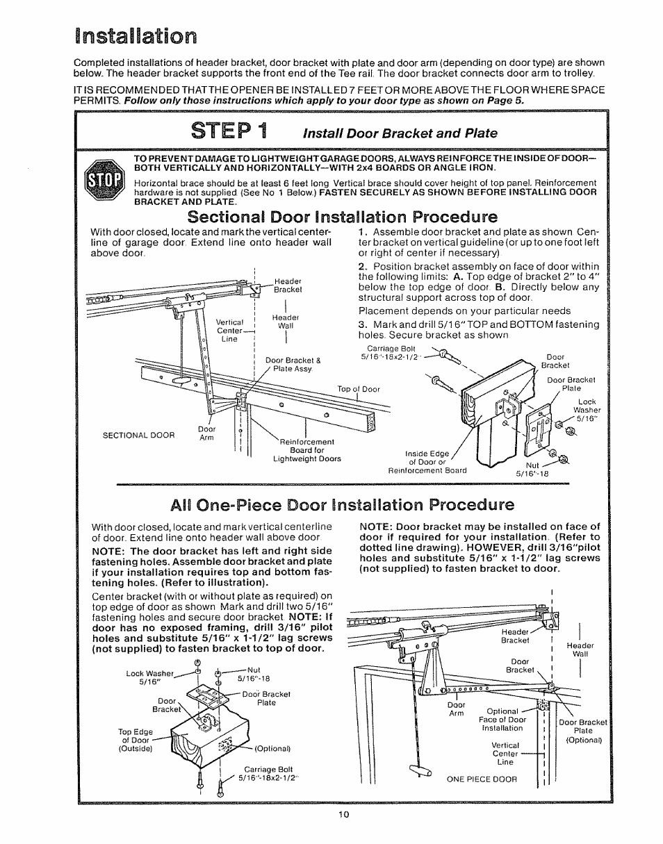 Install door bracket and plate, Installation, Step1 | All one-piece door installation procedure | Craftsman 139.535006 User Manual | Page 10 / 28