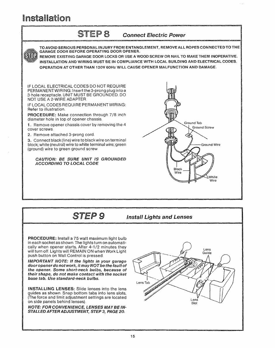 Coimect eiectric power, Install lights and lenses, Steps | Installation | Craftsman 139.535006 User Manual | Page 15 / 28