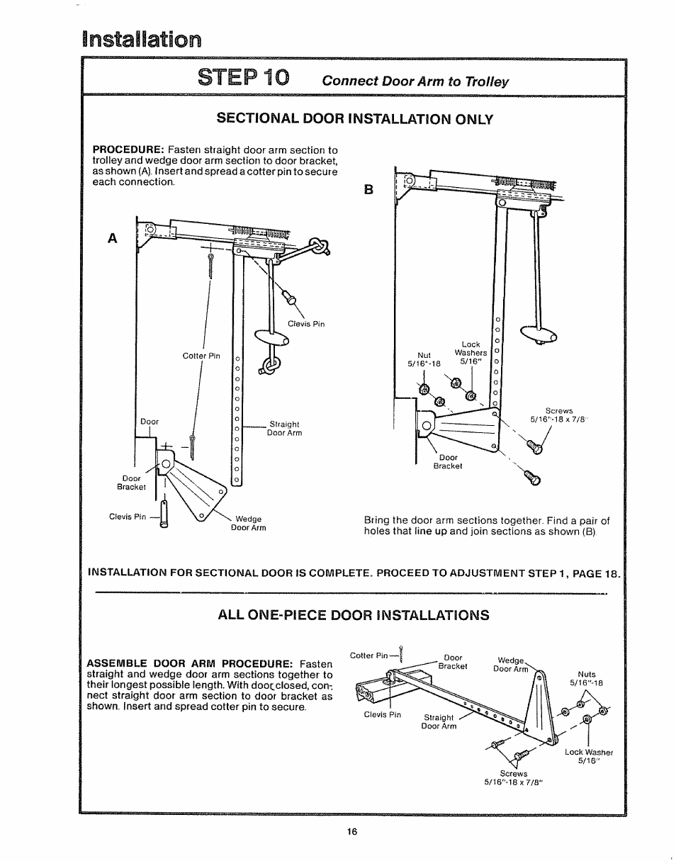 Connect door arm to trolley, All one-piece door installations, Installation | Step 10 | Craftsman 139.535006 User Manual | Page 16 / 28