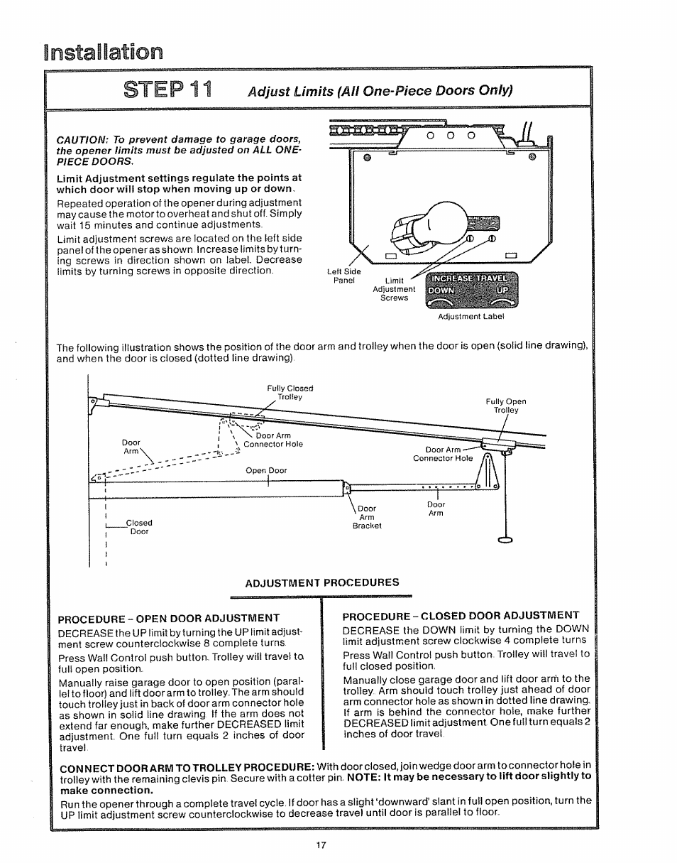 Adjust limits (ail one-piece doors only, Step 11, Installation | Craftsman 139.535006 User Manual | Page 17 / 28