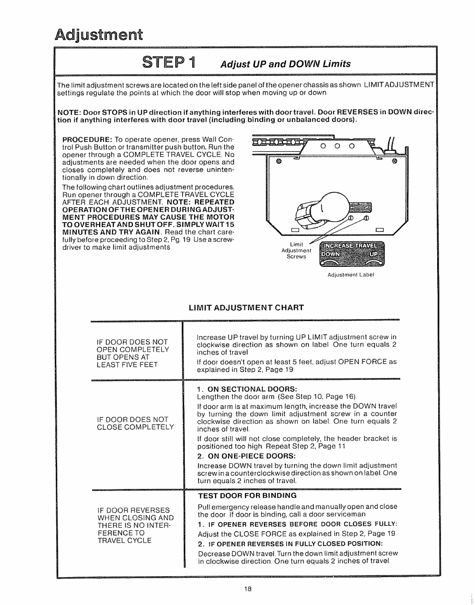 Adjust up and down limits, Adjustment, Step1 | Craftsman 139.535006 User Manual | Page 18 / 28