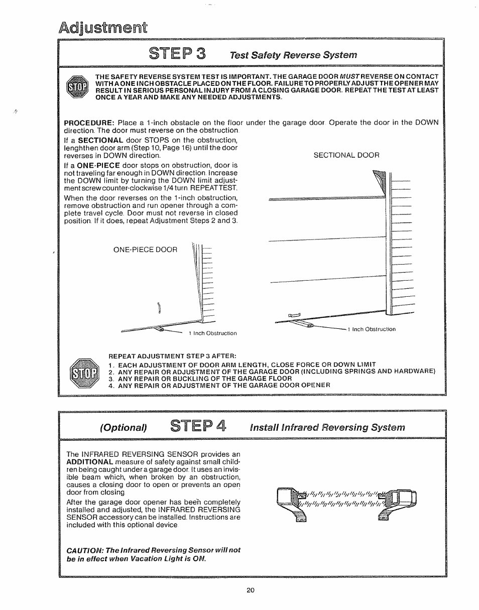 Test safety reverse system, Optional), Install infrared reversing system | Adjustment, Stefs, Step | Craftsman 139.535006 User Manual | Page 20 / 28