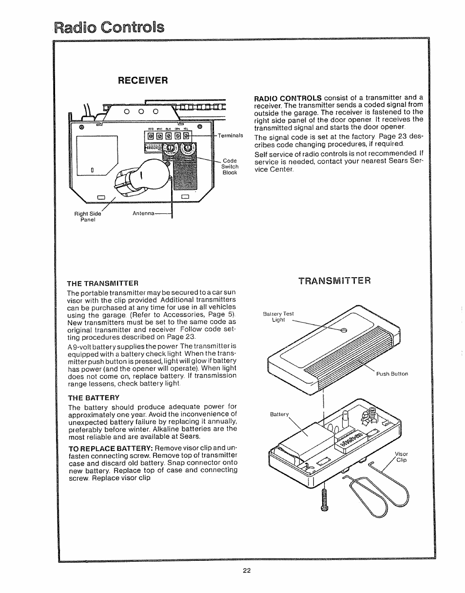 Radio controls, Receiver, Transmitter | Craftsman 139.535006 User Manual | Page 22 / 28