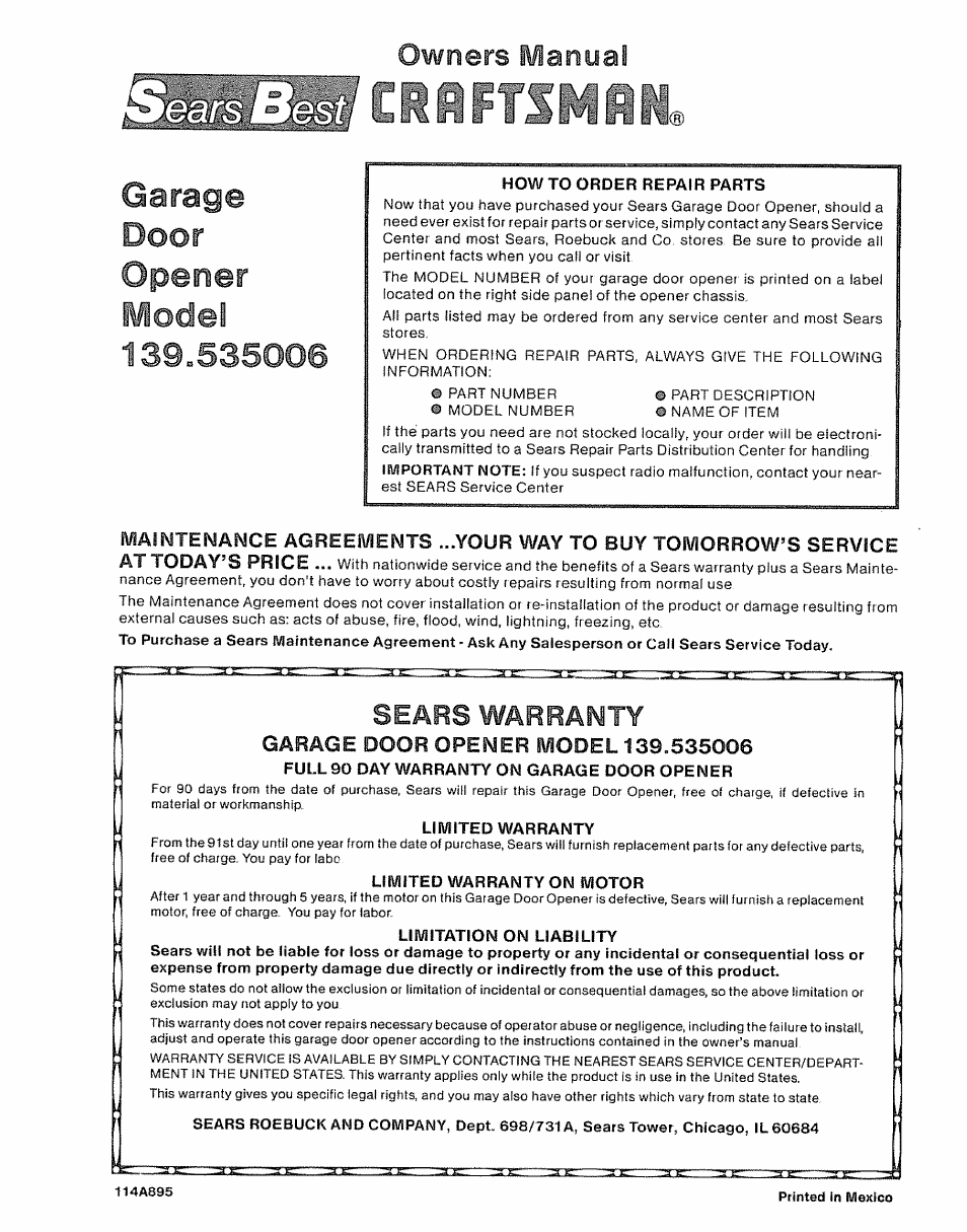 Door, Model, Garage | Opener, Owners manual, Sears warranty, I/ éü u\x, Al­ ii vj, Tjlj, 3 ) - r ’ - y | Craftsman 139.535006 User Manual | Page 28 / 28