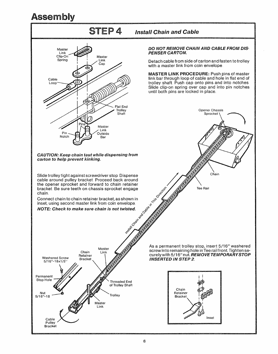 Step 4 install chain and cable, Step 4, Assembly | Install chain and cable | Craftsman 139.535006 User Manual | Page 8 / 28