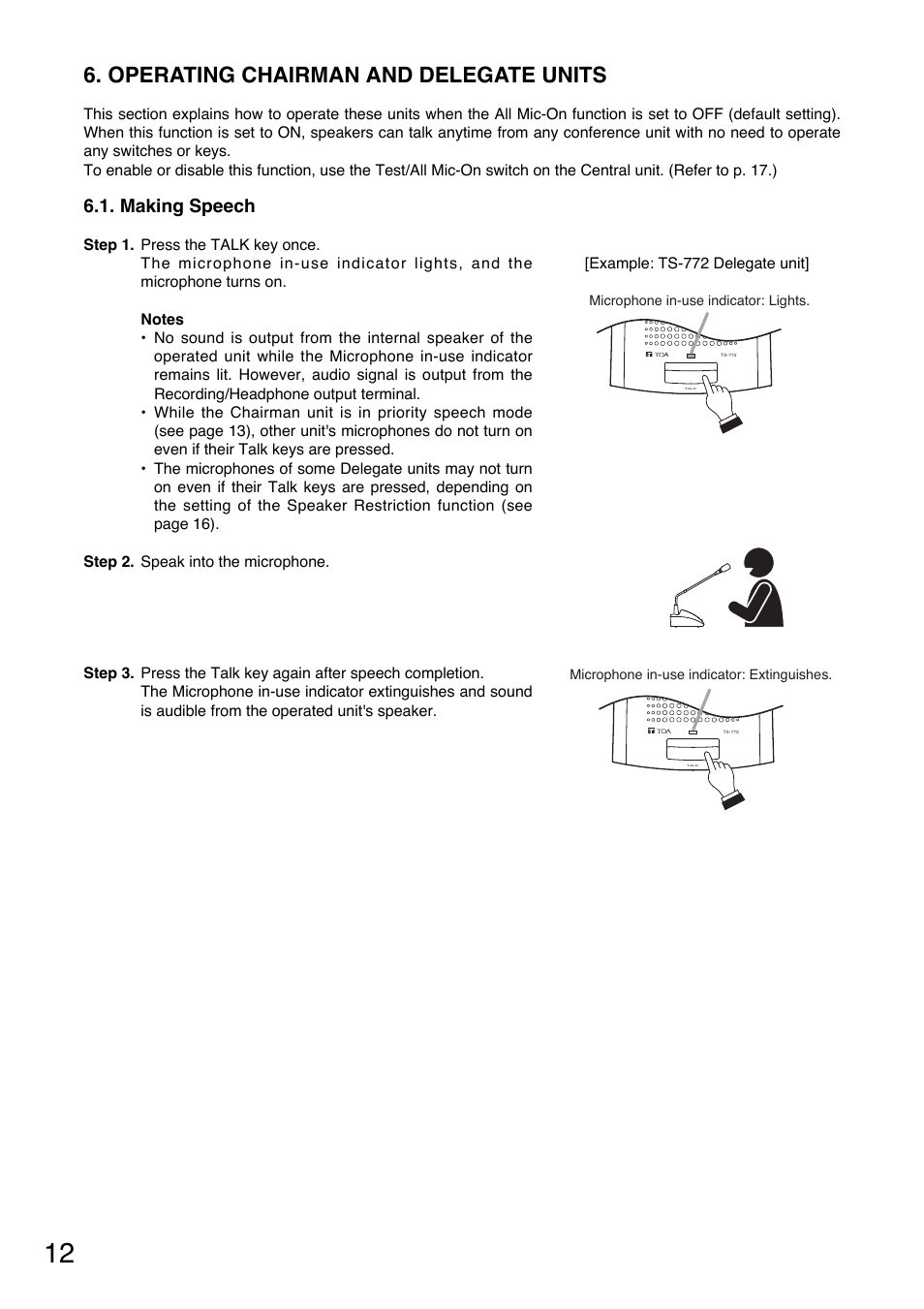 Operating chairman and delegate units, Making speech | Toa TS-770 Series User Manual | Page 12 / 32