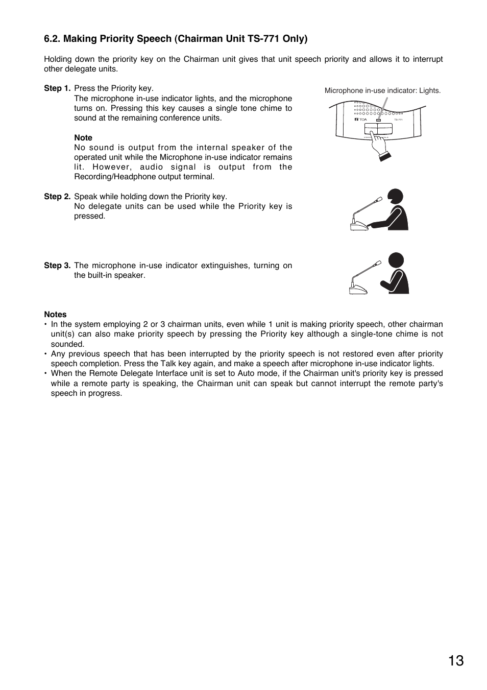 Making priority speech (chairman unit ts-771 only) | Toa TS-770 Series User Manual | Page 13 / 32
