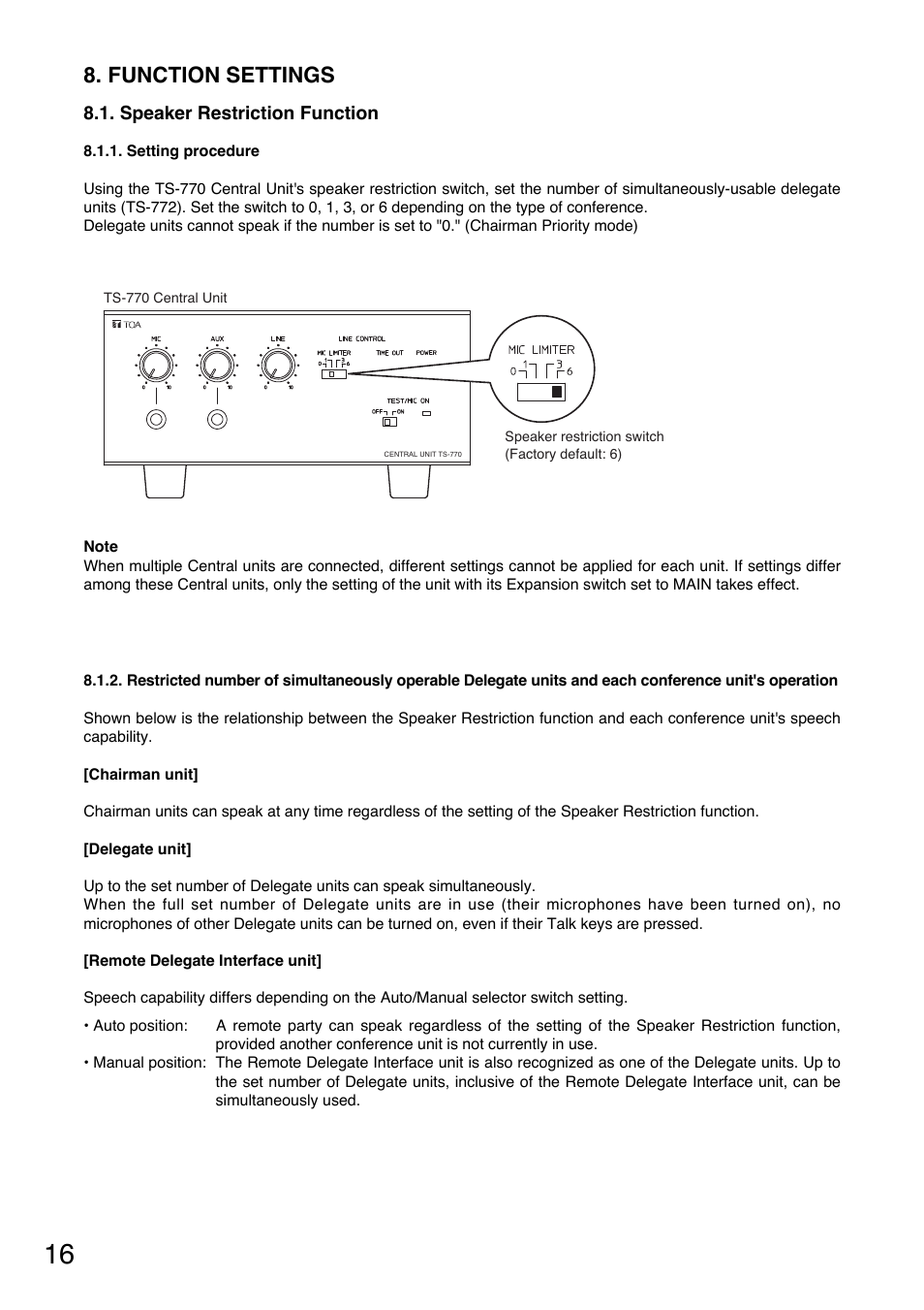 Function settings | Toa TS-770 Series User Manual | Page 16 / 32