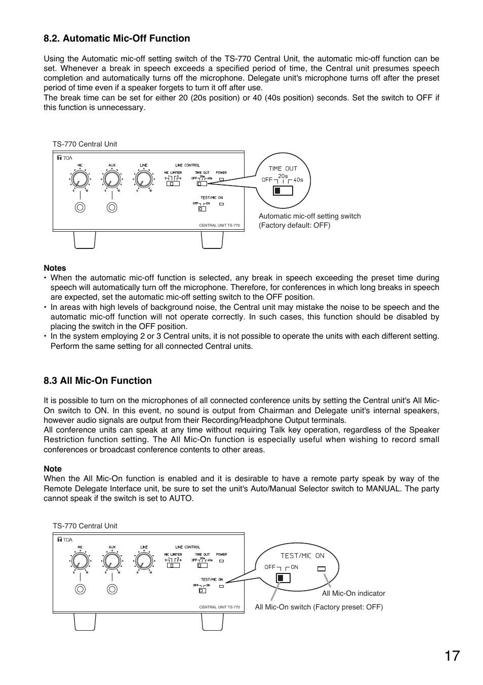 Automatic mic-off function, 3 all mic-on function | Toa TS-770 Series User Manual | Page 17 / 32