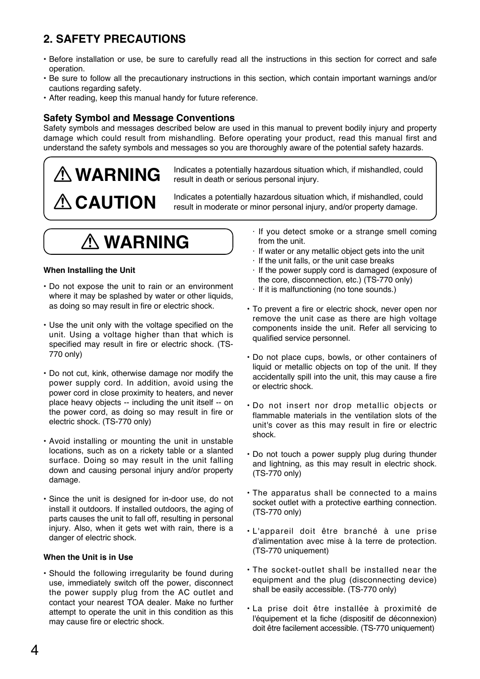 Warning, Warning caution, Safety precautions | Toa TS-770 Series User Manual | Page 4 / 32