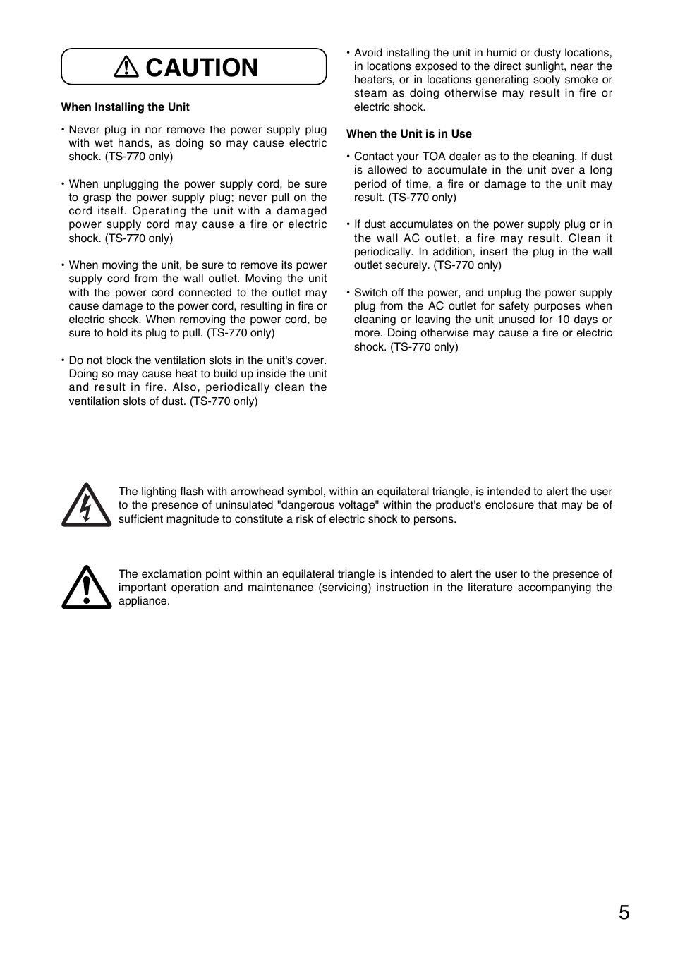 Caution | Toa TS-770 Series User Manual | Page 5 / 32