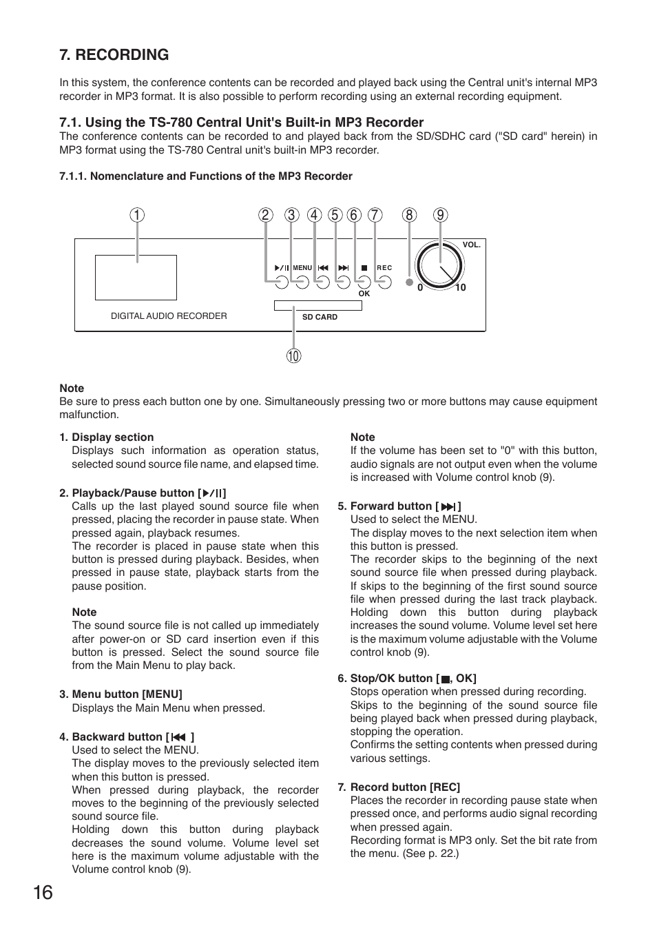 Recording | Toa TS-780 Series User Manual | Page 16 / 52