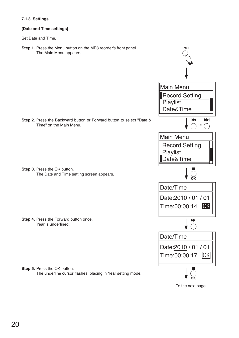 Main menu record setting playlist date&time | Toa TS-780 Series User Manual | Page 20 / 52