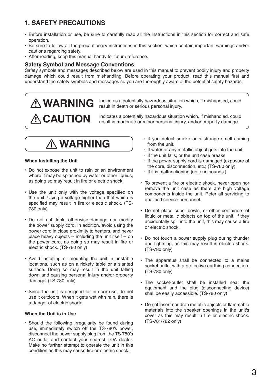 Warning caution warning, Safety precautions | Toa TS-780 Series User Manual | Page 3 / 52