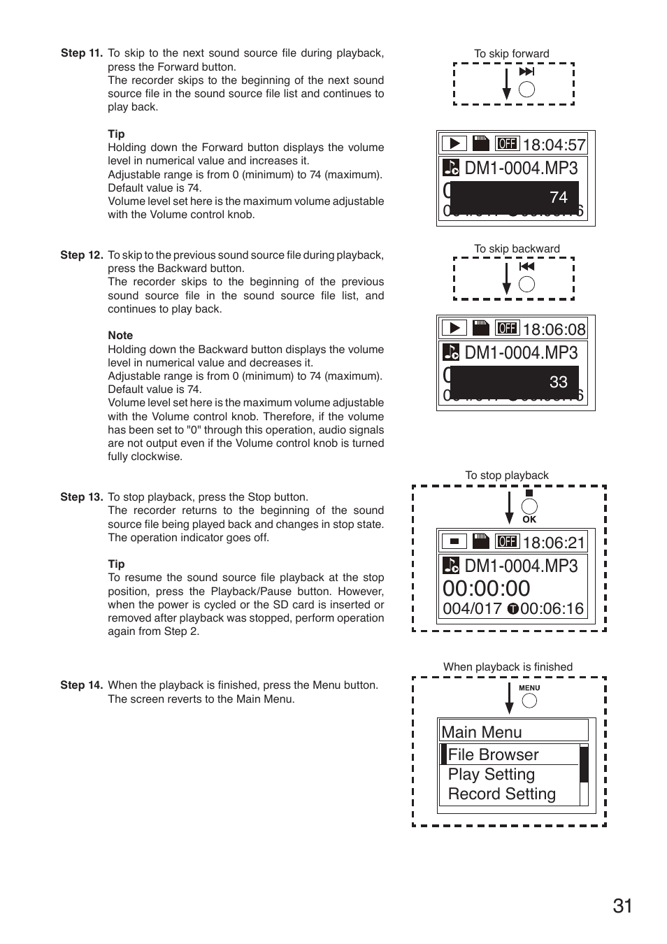 Main menu file browser play setting record setting | Toa TS-780 Series User Manual | Page 31 / 52