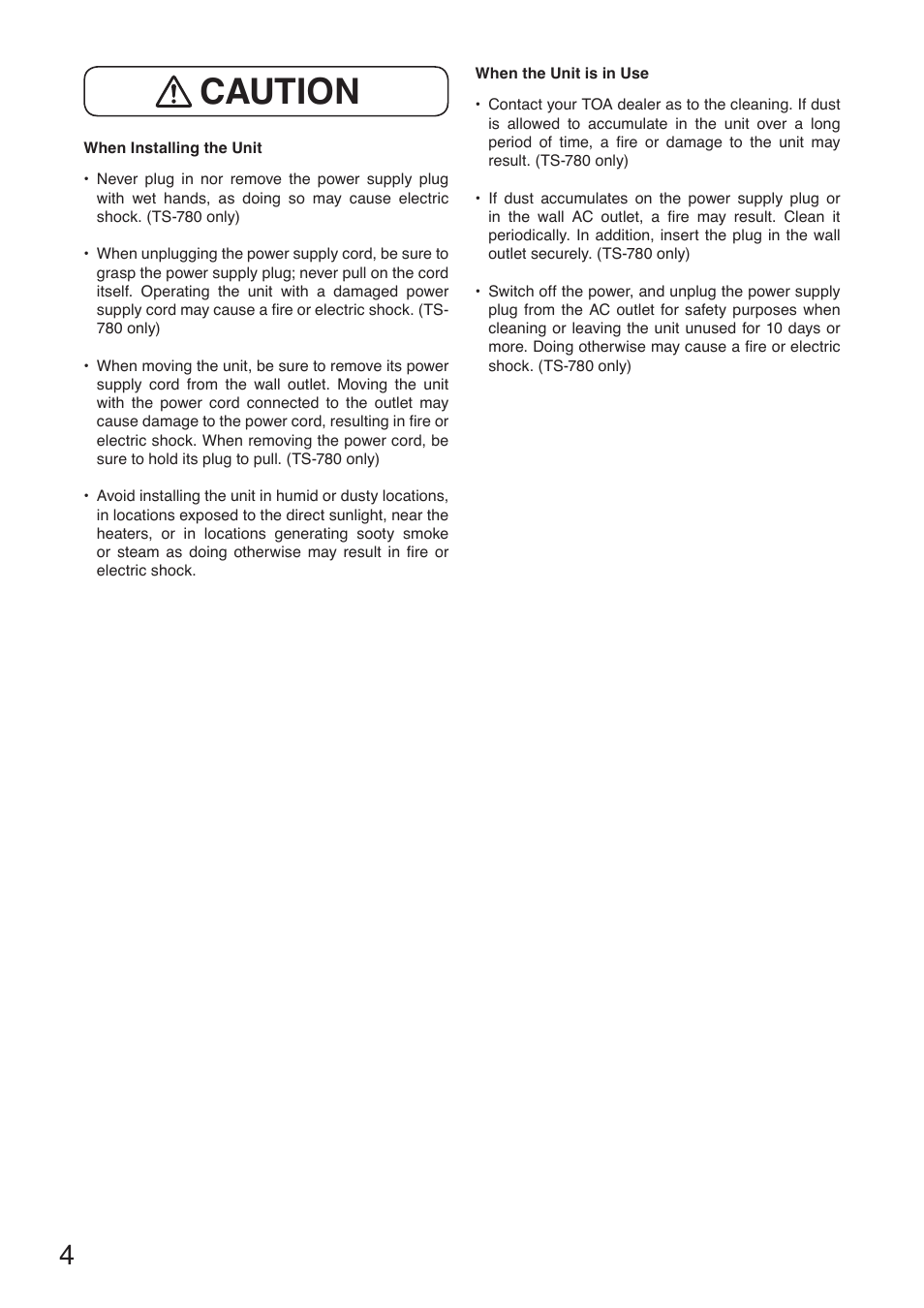 Caution | Toa TS-780 Series User Manual | Page 4 / 52