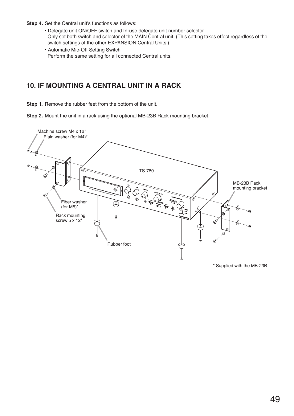 If mounting a central unit in a rack | Toa TS-780 Series User Manual | Page 49 / 52