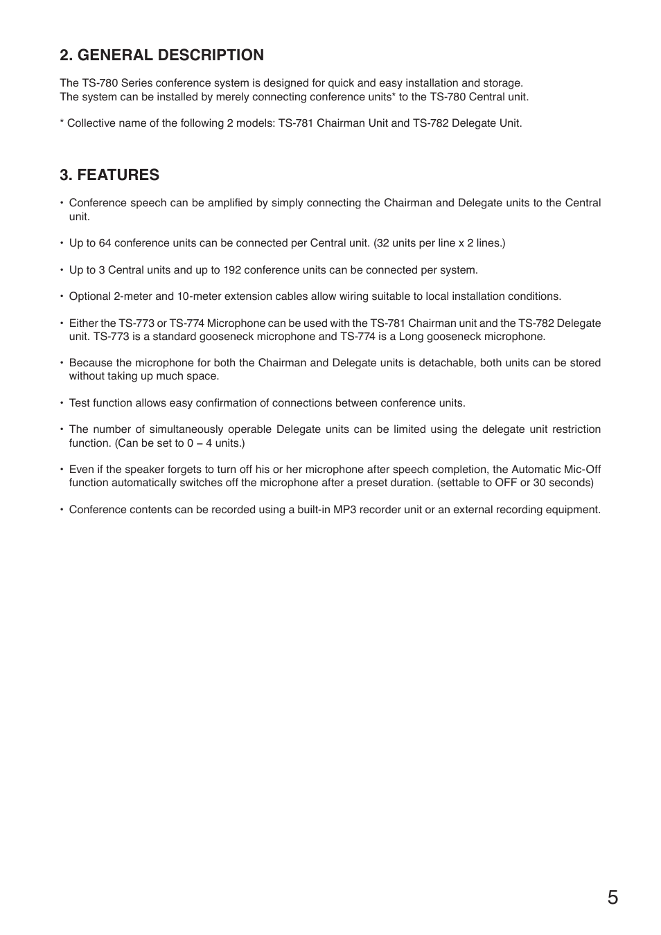 General description, Features | Toa TS-780 Series User Manual | Page 5 / 52