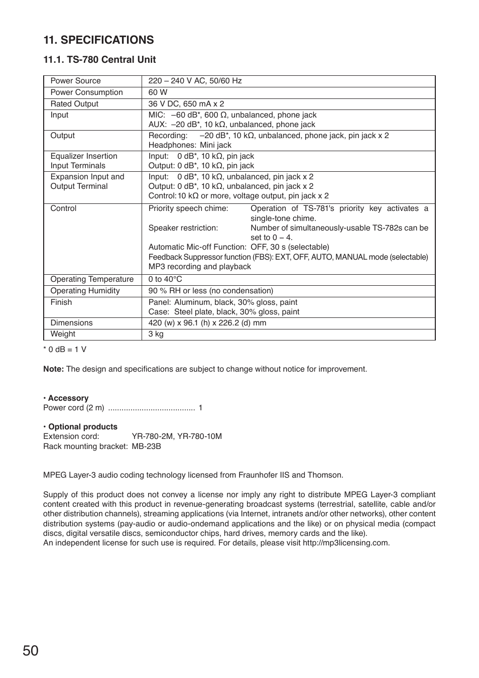 Specifications | Toa TS-780 Series User Manual | Page 50 / 52