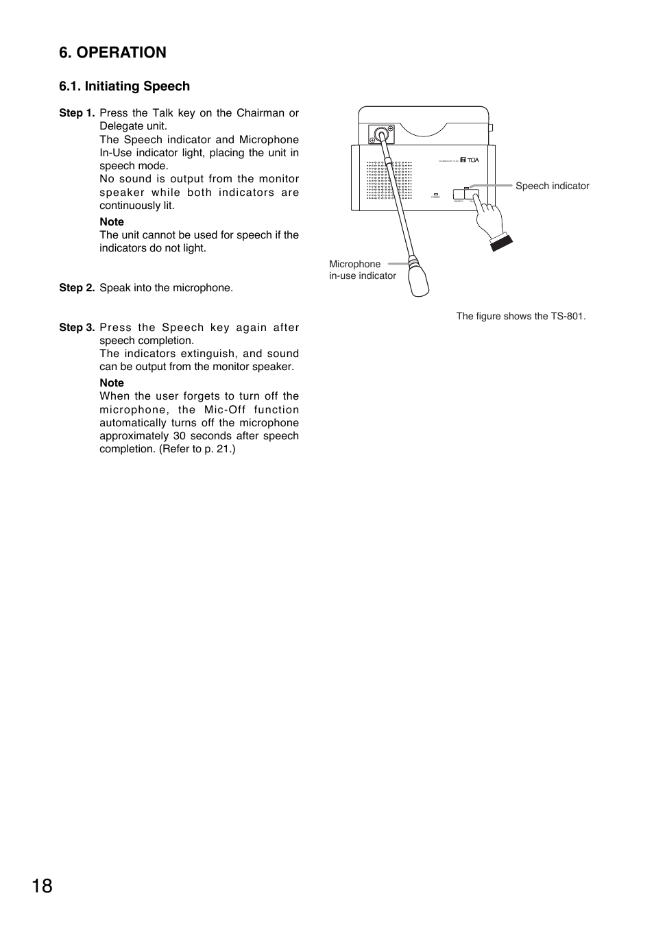 Operation, Initiating speech | Toa TS-800 Series User Manual | Page 18 / 60