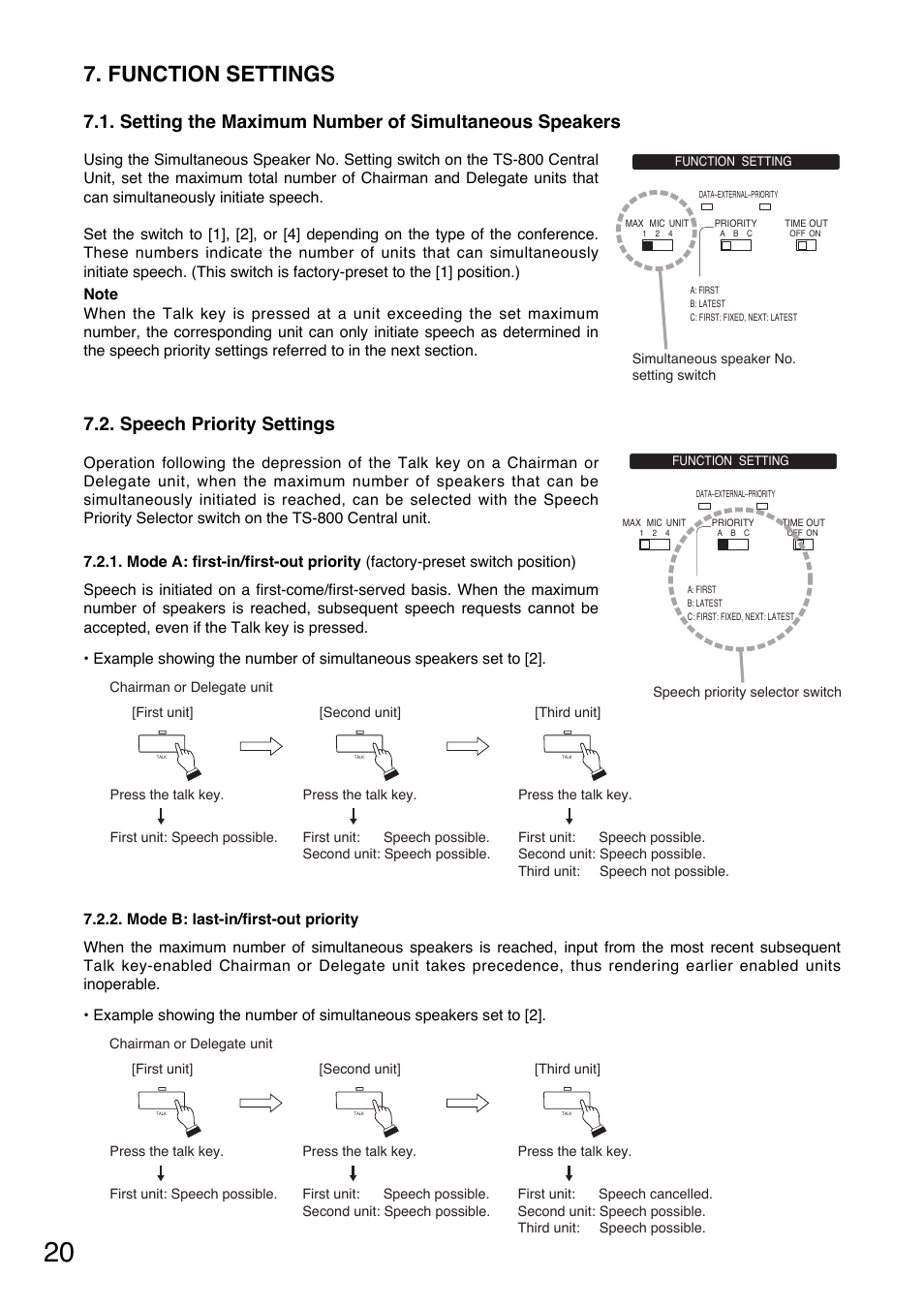 Function settings, Speech priority settings | Toa TS-800 Series User Manual | Page 20 / 60