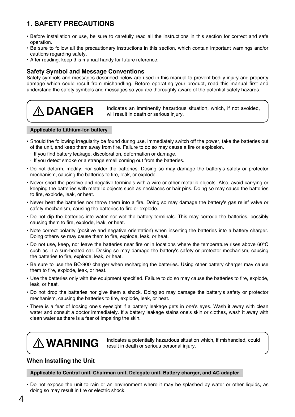 Warning, Danger, Safety precautions | Toa TS-800 Series User Manual | Page 4 / 60