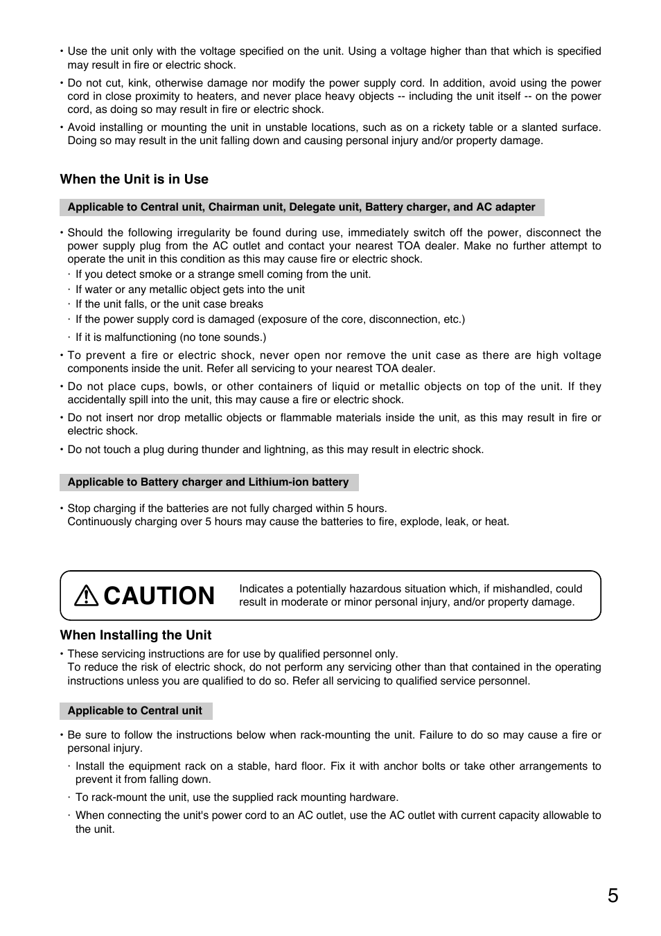 Caution | Toa TS-800 Series User Manual | Page 5 / 60