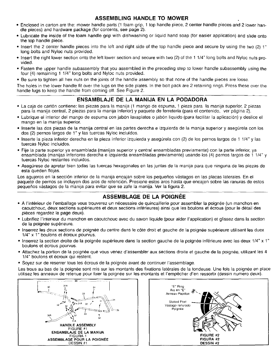 Assembling handle to mower, Ensamblaje de la manija en la rodador, Assemblage de la poignée | Craftsman 291.376500 User Manual | Page 5 / 7