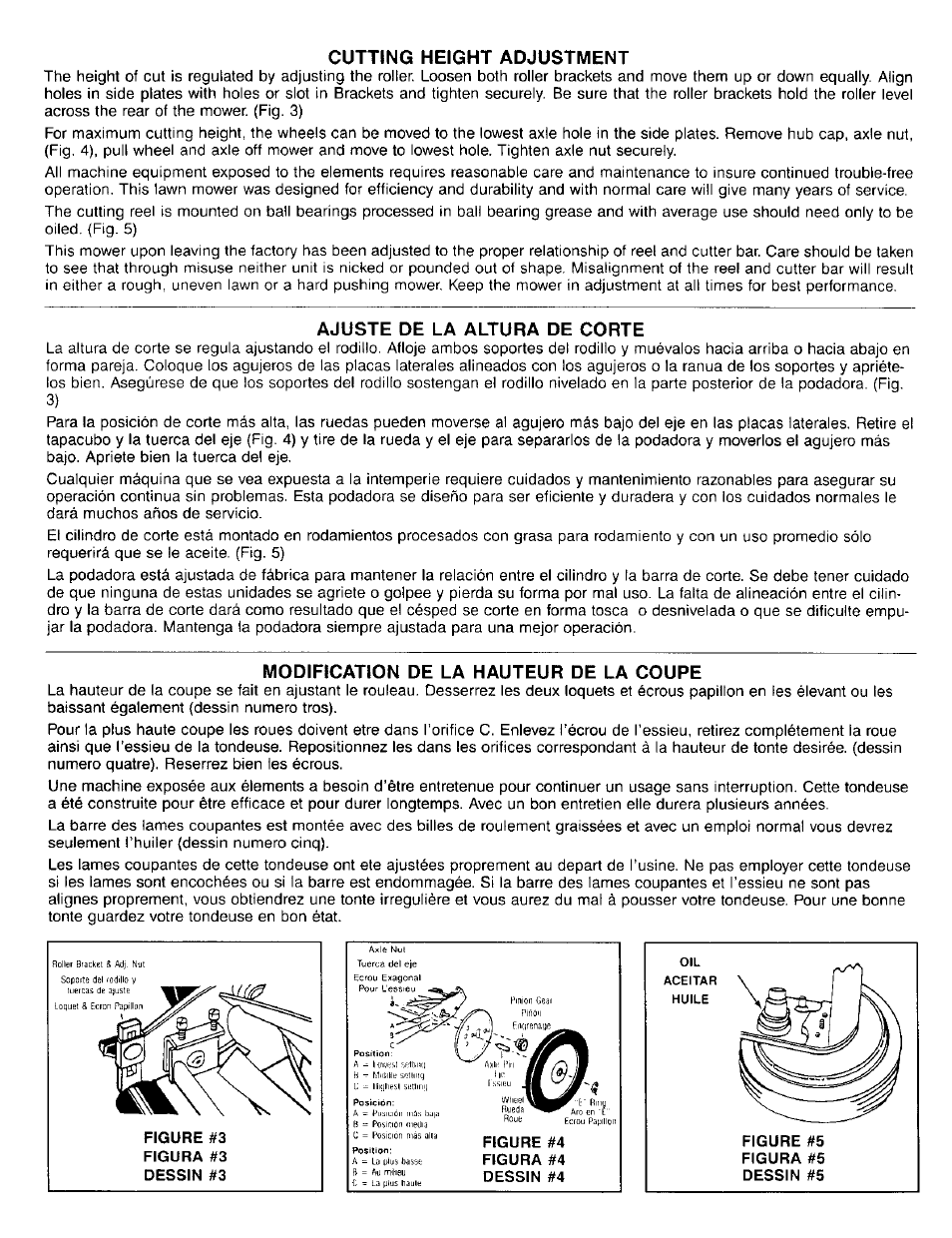 Cutting height adjustment, Ajuste de la altura de corte, Modification de la hauteur de la coupe | Craftsman 291.376500 User Manual | Page 6 / 7