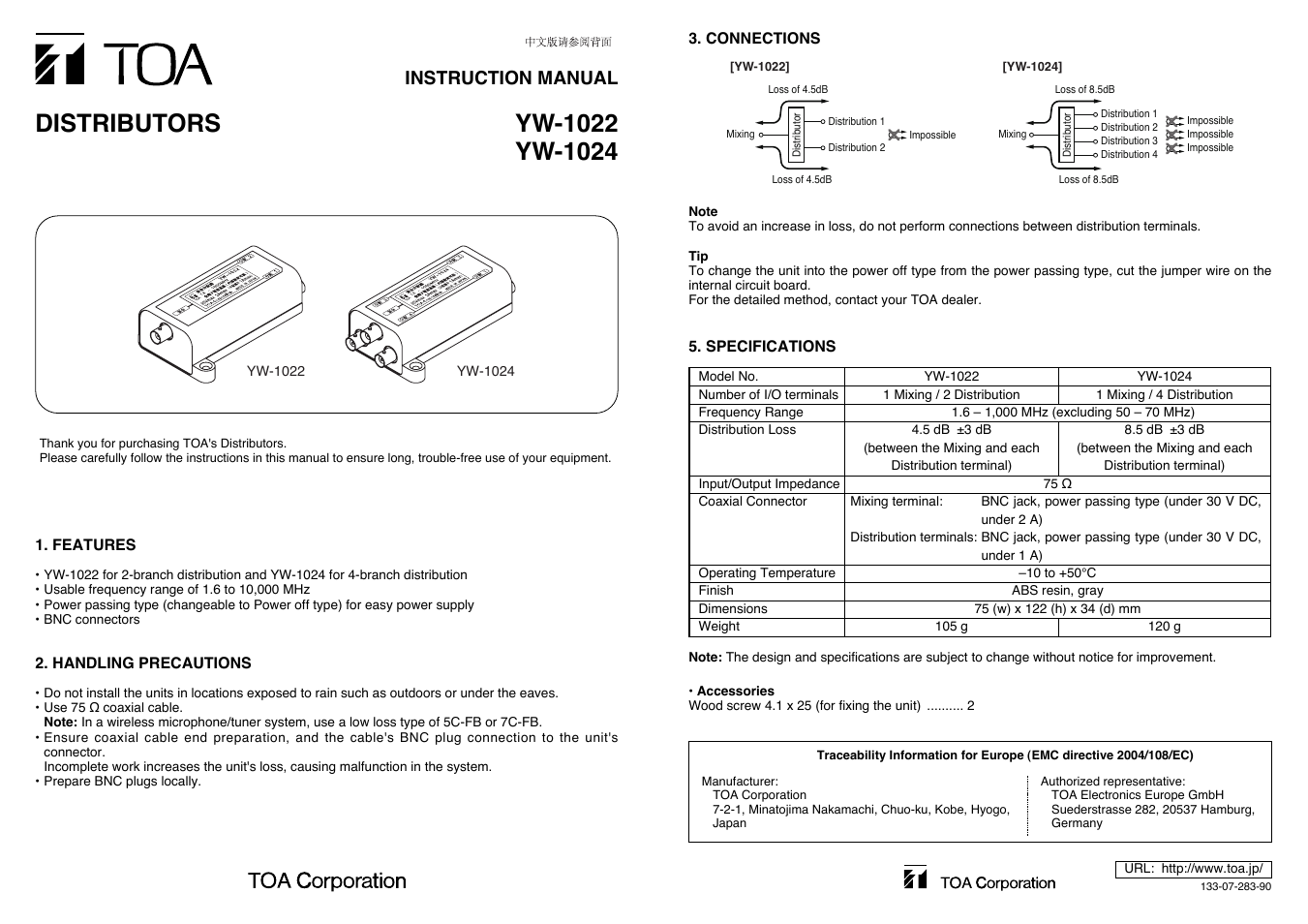 Toa YW-1024 User Manual | 2 pages