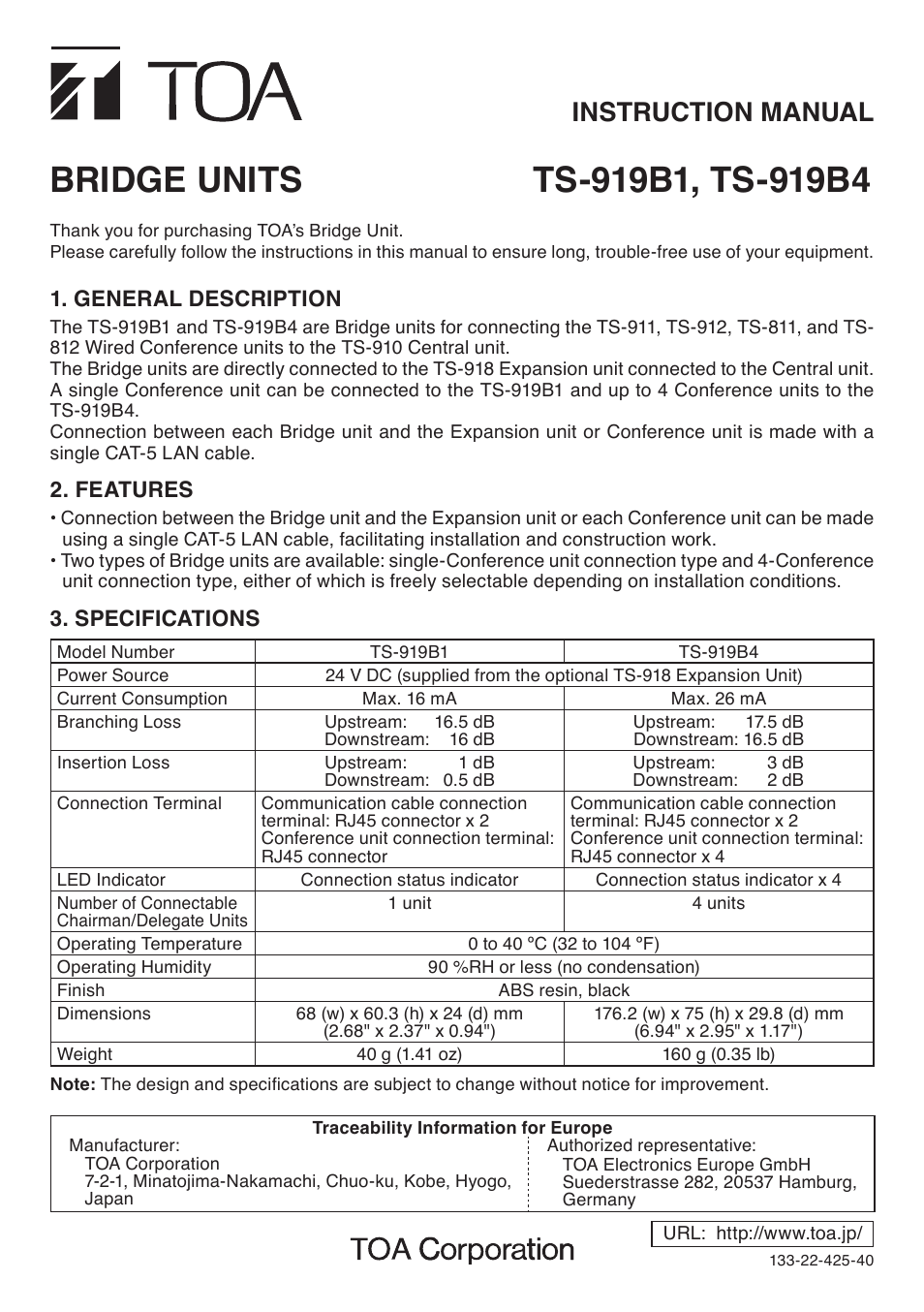 Toa TS-919B4 User Manual | 1 page