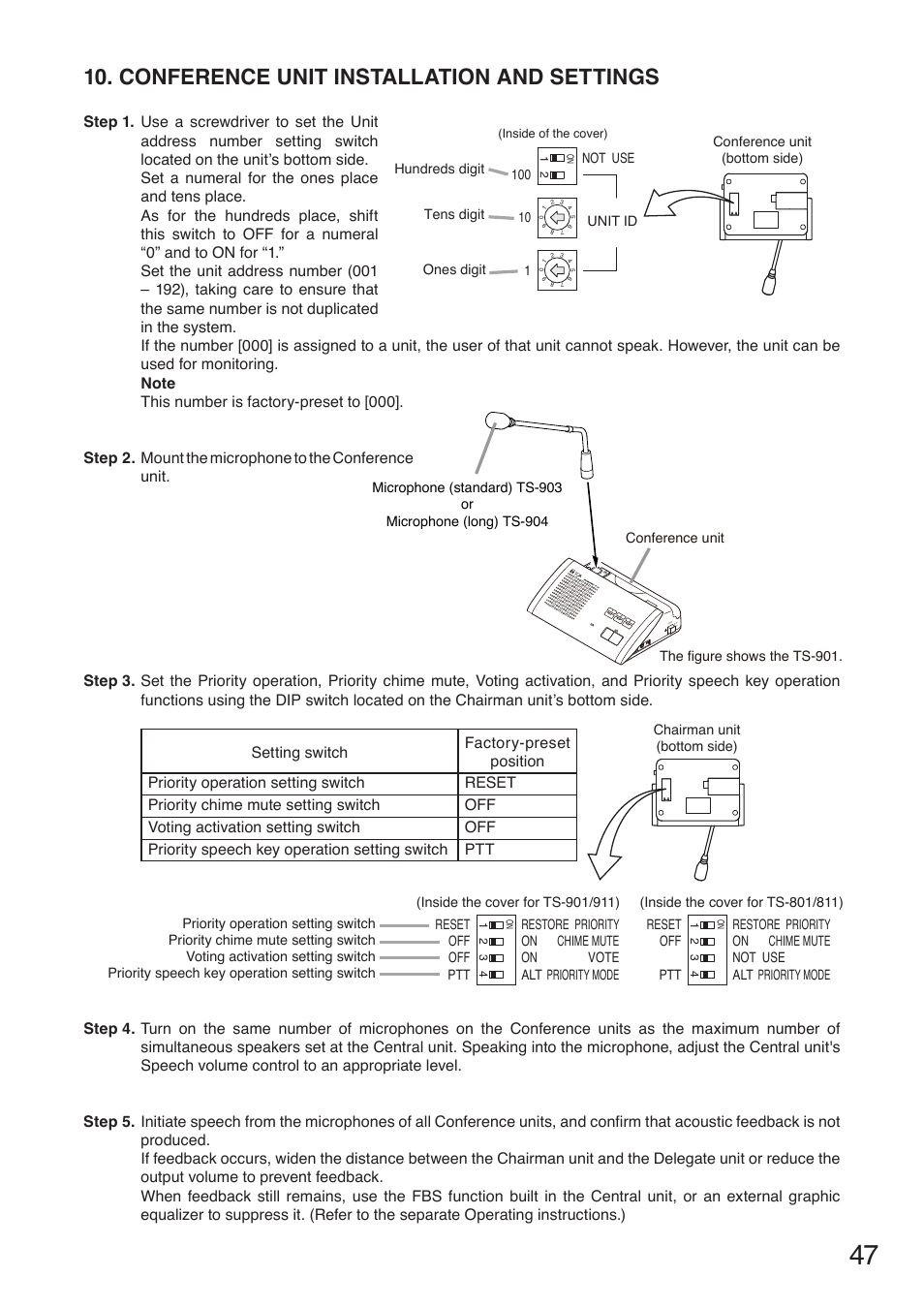 Conference unit installation and settings | Toa TS-910 Series Installation User Manual | Page 47 / 64