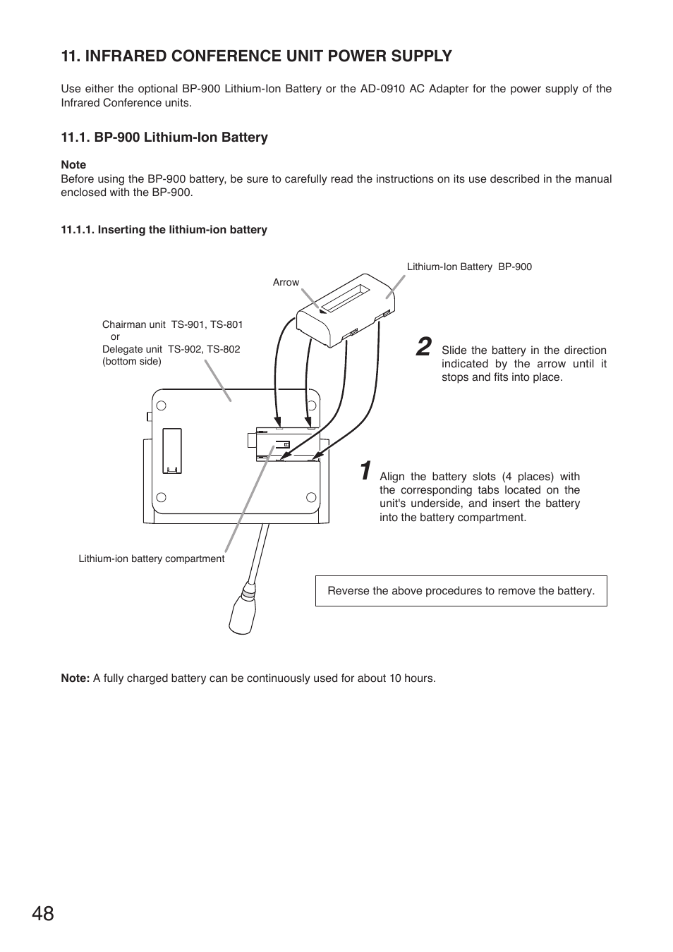 Infrared conference unit power supply, Bp-900 lithium-ion battery | Toa TS-910 Series Installation User Manual | Page 48 / 64