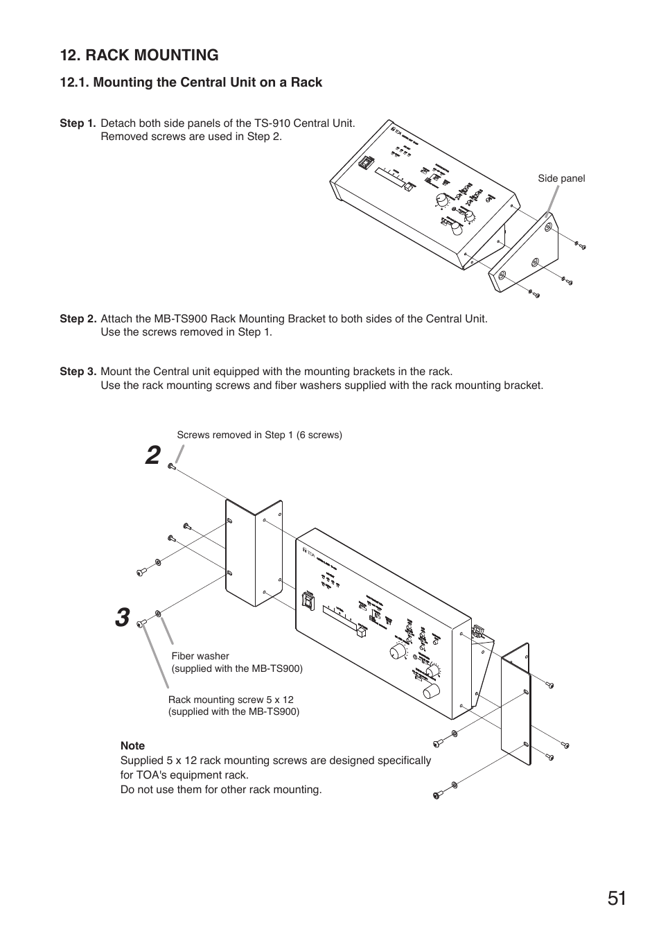 Rack mounting, Mounting the central unit on a rack | Toa TS-910 Series Installation User Manual | Page 51 / 64