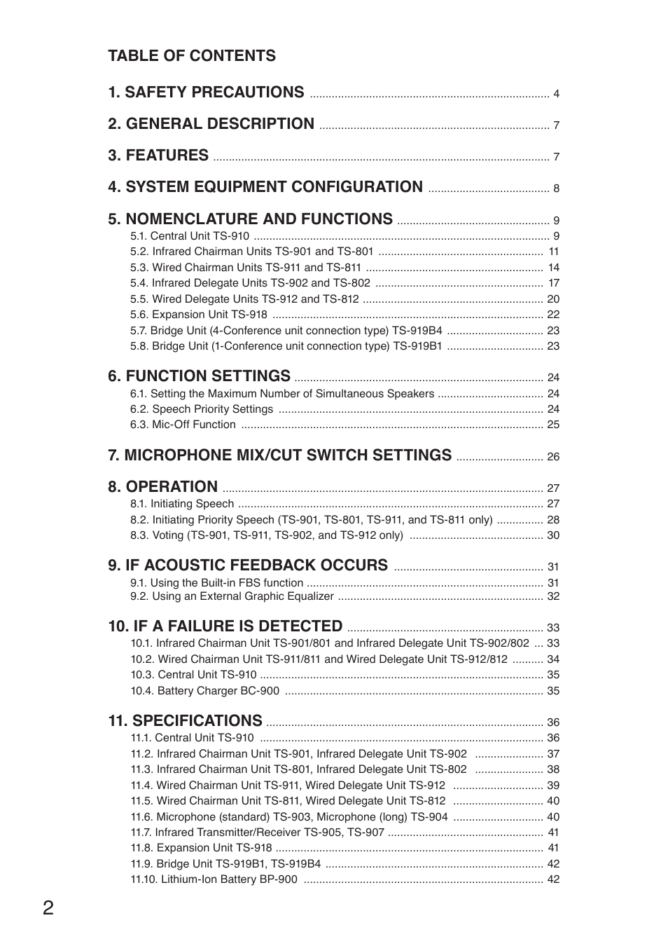 Table of contents 1. safety precautions, General description, Features | System equipment configuration, Nomenclature and functions, Function settings, Microphone mix/cut switch settings, Operation, If acoustic feedback occurs, If a failure is detected | Toa TS-910 Series Manual User Manual | Page 2 / 44